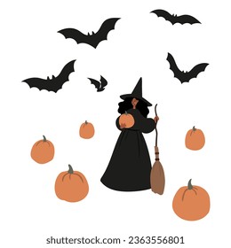Halloween vector illustration with characters and pets in costumes, October festival scenes, Outdoor party flat style images clipart, digital download, black kids witch ghost skeleton cat dog clip art