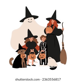 Halloween vector illustration with characters and pets in costumes, October festival scenes, Outdoor party flat style images clipart, digital download, black kids witch ghost skeleton cat dog clip art