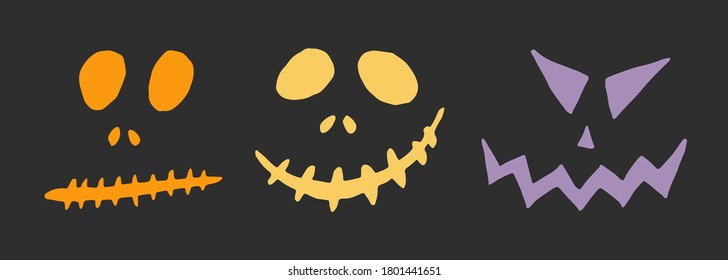 Halloween vector illustration. Collection of hand drawn scary faces isolated on black background. Spooky character for banner, poster, invitation or festive decoration