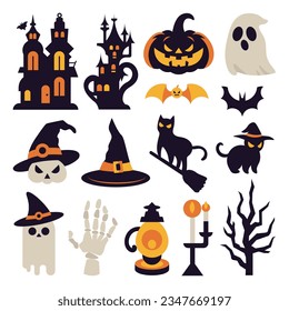 Halloween vector illustration collection of a spooky mansion, castle, pumpkins, ghosts, skulls, witch hats, black cats, skeleton hands, and lamps