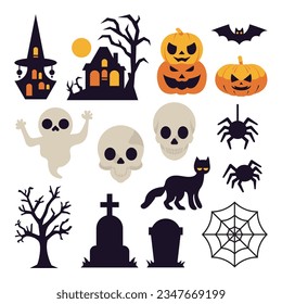 Halloween vector illustration collection of a spooky mansion, castle, pumpkins, bats, ghosts, skulls, black cats, spiders, spider webs, spooky trees, and graves