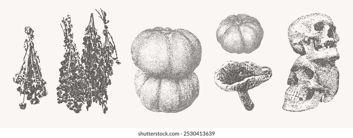 Halloween vector illustration collection. Trendy stippling photocopy effect