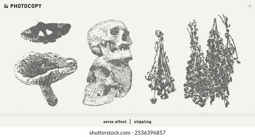 Halloween vector illustration collection. Trendy stippling photocopy effect