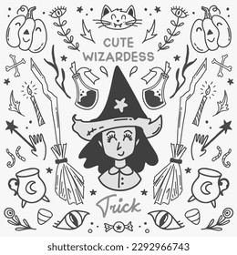 Halloween vector illustration concept with cute wizardess, broom and wand. Symmetrical style graphic. Perfect for a social media post, prints, poster, cover or postcard.