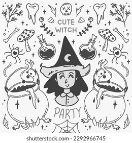 Halloween vector illustration concept with cute witch, cauldron and potion bottle. Symmetrical style graphic. Perfect for a social media post, prints, poster, cover or postcard.