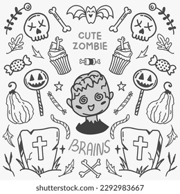 Halloween vector illustration concept with cute zombie, grave and skull. Symmetrical style graphic. Perfect for a social media post, prints, poster, cover or postcard.