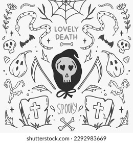 Halloween vector illustration concept with cute death, scythe and snake. Symmetrical style graphic. Perfect for a social media post, prints, poster, cover or postcard.