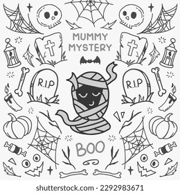 Halloween vector illustration concept with cute mummy, grave and skull. Symmetrical style graphic. Perfect for a social media post, prints, poster, cover or postcard.