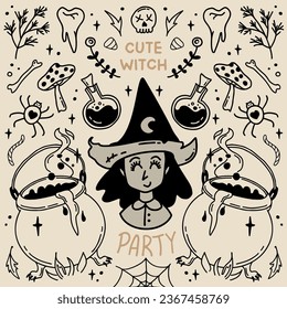 Halloween vector illustration concept with cute witch, cauldron and potion bottle. Symmetrical style graphic. Perfect for a social media post, prints, poster, cover or postcard.
