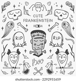 Halloween vector illustration concept with frankenstein, owl, scull and spider. Symmetrical style graphic. Perfect for a social media post, prints, poster, cover or postcard.