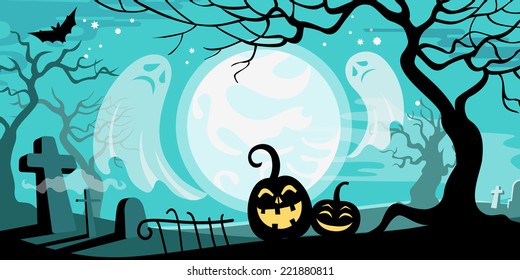 Halloween vector illustration concept template scary graveyard dead tree ghosts pumpkin bat full moon