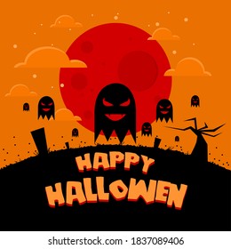 Halloween vector illustration with congratulatory sentences Halloween, with a night atmosphere accompanied by a tomb, ghost, bat, with the moon behind it.