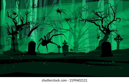 Halloween vector illustration. Creepy cemetery, huge spiders, crooked tree branches, graves and thick green web and fog. Spooky forest with old graves
