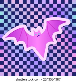 Halloween vector illustration: creepy cute vector bat.  Vector illustration over chequer pattern background. Pin, patch design.