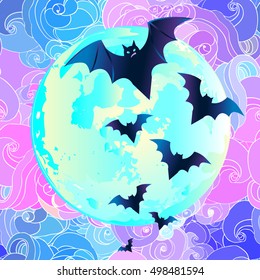 Halloween vector illustration: creepy cute vector bat flying against full moon in neon pastel colors. Retro gothic style. Colorful rainbow concept. 