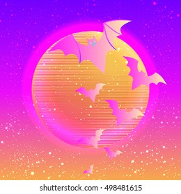 Halloween vector illustration: creepy cute vector bat flying against full moon in neon pastel colors. Retro gothic style. Colorful rainbow concept. 