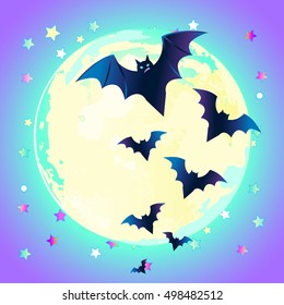 Halloween vector illustration: creepy cute vector bat flying against full moon in neon pastel colors. Retro gothic style. Colorful rainbow concept. 