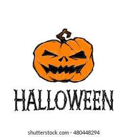 Halloween vector illustration. Creepy pumpkin and letters. Drawing and lettering is handmade on white background. 