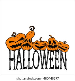 Halloween vector illustration. Creepy pumpkins and letters. Drawing and lettering is handmade on white background. 
