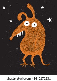 Halloween Vector Illustration with Creepy Rat Standing on a Black Grunge Background. Funny Hand Drawn Orange Mouse with Big Eyes, White Teeth and Long Ears. Halloween Art for Card, Poster,Invitation. 