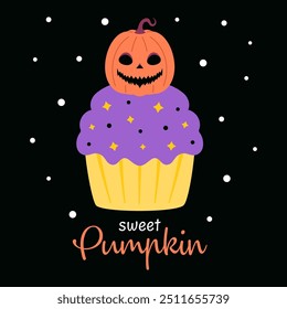 halloween vector illustration of cupcake with pumpkin, sweet decorating elements