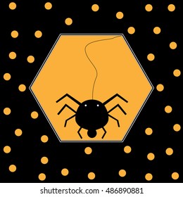 Halloween vector illustration with cute black spider.Black background with orange circles.