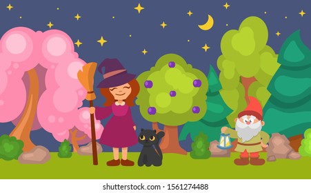 Halloween vector illustration. Cute funny little witch with hat holding broom in magical forest at moon night. Black cat, gnome fairytale character. Halloween celebration.