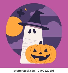 Halloween vector illustration cute ghost wearing a witch hat and pumpkin