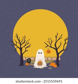 Ilustración vectorial de Halloween. Fantasma lindo, calabazas, árboles espeluznantes, tumba sobre fondo de luna llena. Caprichoso paisaje de noche espeluznante para Anuncios de temporada, tarjetas, marco. Diseño feliz de Halloween