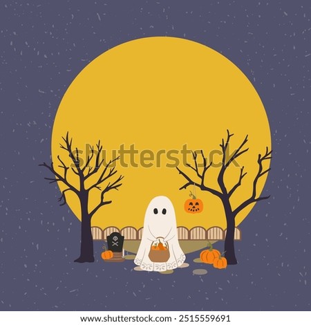 Halloween vector illustration. Cute ghost, pumpkins, spooky trees, grave on full moon background. Whimsical countryside spooky night scene for seasonal banners, cards, frame. Happy Halloween design