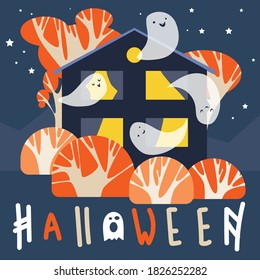 Ilustración vectorial de Halloween. Hermosos fantasmas y casa. Saludo o tarjeta de invitación.