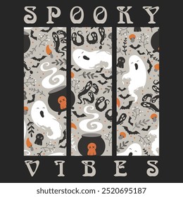 Halloween vector illustration with cute ghosts, witch cauldrons, bats, skulls pattern and lettering Spooky Vibes Isolated on black background. Design for t-shirt print, card, poster, banner