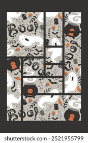 Halloween vector illustration with cute ghosts, witch cauldrons, bats, skulls pattern composition isolated on black background. Design for greeting card, poster, t-shirt print, banner