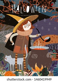 Halloween! Vector illustration of a cute girl witch in a cap who cooks a potion on a campfire in a fabulous autumn forest. Freehand drawing of a character for a poster, card or cover.
