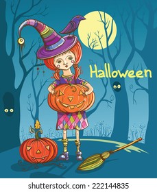 Halloween vector illustration with cute girl witch, pumpkins and raven. eps 10