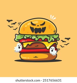 Halloween vector illustration. Cute hamburger with spooky Halloween concept.