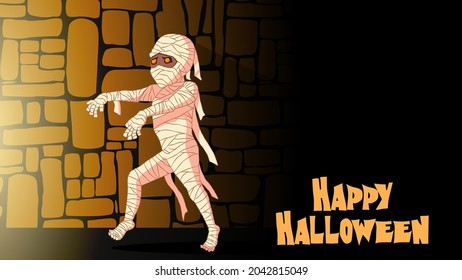 Halloween vector illustration. Cute mummy illustration on the pyramid walking towards light. Mummy trick or treat. perfect for banner, template, backdrop, wallpaper, flyer, brochure, poster, banner.