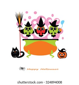 Halloween vector illustration -  cute Owl Witches cooking potion in cauldron. Witch cauldron, Owls, witch hat, cat, pumpkin, broom. Cute Halloween card - flat silhouettes. Eps 10. Isolated on white.