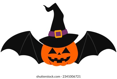 Halloween vector illustration. Cute halloween pumpkin with bat wings. Isolated on white background. Flat style vector illustration.