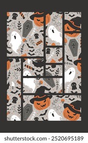 Halloween vector illustration with cute pumpkins in witch hat, ghost, sweets, bats, skulls pattern composition isolated on black background. Design for greeting card, poster, t-shirt print