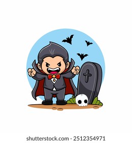 Ilustración vectorial de Halloween: Vampiro lindo en el cementerio con el cráneo sobre fondo blanco. Vampiro lindo de la historieta. Elemento y decoración para Halloween. Cementerio con vampiro y cráneo. Vector de Halloween. 