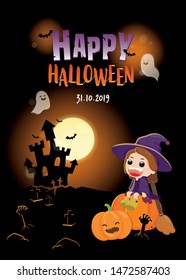 Halloween vector illustration. Cute witch sitting on pumpkins with magic broom on dark castle scene background. Halloween invitation card.