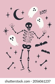 Halloween Vector Illustration and Dancing Skeleton Surrounded by Bones  Moon  Stars   Bats  Isolated Pink Background  Hand Drawn Simple Design  Ideal for Posters   Cards  Wall Art Clothes 