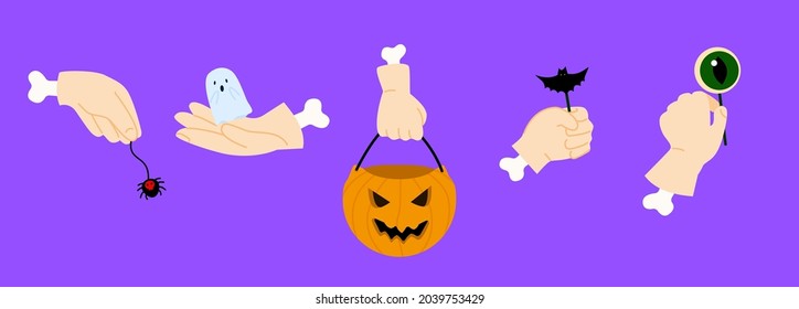 Ilustración vectorial de Halloween con manos muertas sosteniendo diferentes objetos de halloween. Brazos zombies con huesos, araña, fantasma, calabaza, mal y caramelos. Iconos espeluznantes para decoraciones festivas.