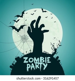 Halloween vector illustration, Dead hand from the ground with sign zombie party
