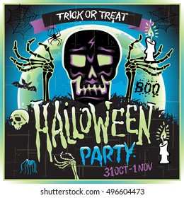 Halloween vector illustration - Dead Man arms from the ground with invitation to zombie party art