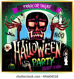 Halloween vector illustration - Dead Man arms from the ground with invitation to zombie party art