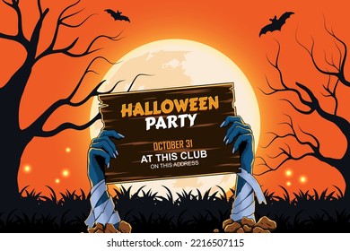 Halloween vector illustration - Dead Man's arms from the ground with invitation to zombie party. Editable halloween party template. Moon background