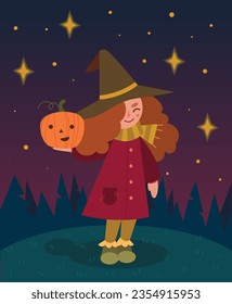 Halloween vector illustration, vector design, witch and pumpkin, Halloween night