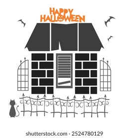 Halloween vector illustration with a dilapidated house with a crooked fence, a black cat and bats in the sky